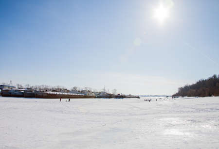 Perm, Russia - March 11.2017: Ships and barges on the shipyard in the backwater of the Kama river in winterのeditorial素材