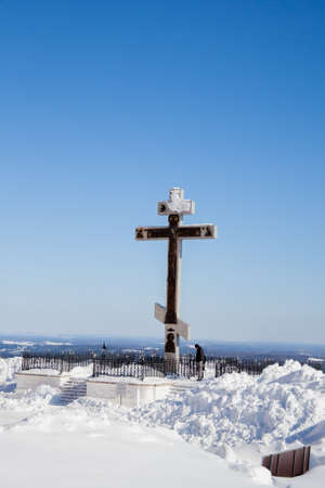 Perm, Russia - March 08.2017: Royal Cross on White Mountain near Belogorsky St. Nicholas Monasteryのeditorial素材