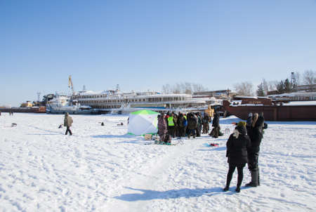Perm, Russia - March 11.2017: Competitions of fishermen in the winter in the backwaters of the Kama riverのeditorial素材