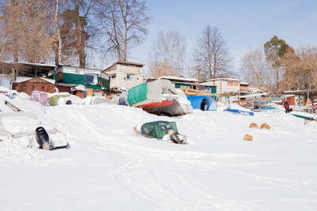 Perm, Russia - March 11.2017: Yacht club in the winter in the backwater of the frozen river Kamaのeditorial素材