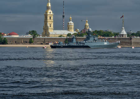 SAINT-PETERSBURG, RUSSIA - JULY 20, 2017: A combat ship at the rehearsal of the naval parade in St. Petersburgのeditorial素材