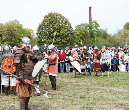 St. Petersburg, Russia - May 27, 2017: Preparation for the historical reconstruction of the battle at the festival in St. Petersburg, Russiaのeditorial素材