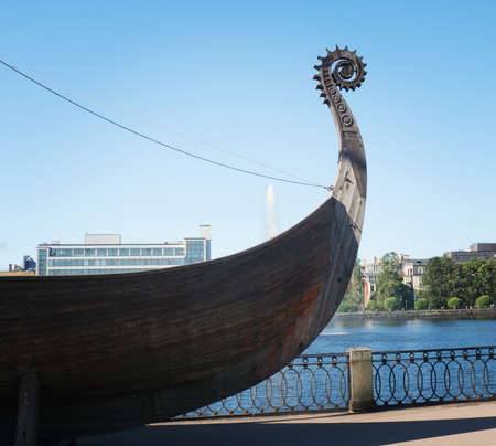 Fragment of ancient Viking ship against blue skyの写真素材