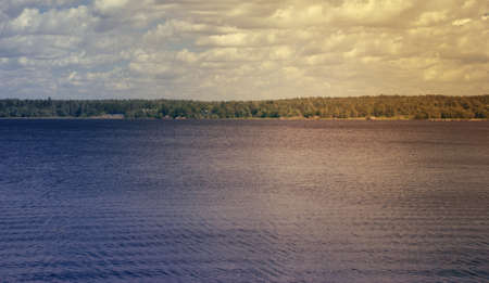 Natural autumn landscape. Trees on the water surface of the lakeの写真素材
