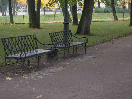 Benches in the autumn city park. 