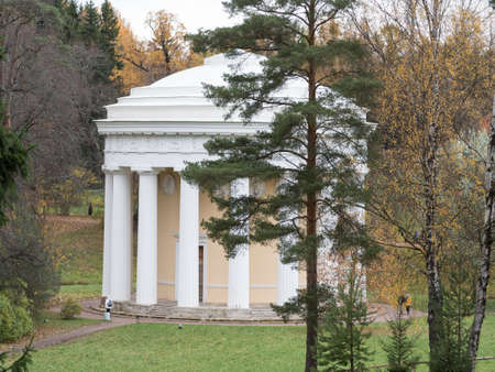 white tower in the park through the foliage of treesの写真素材