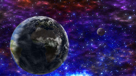 Planet Earth and moon illuminated by the sun. View from space.