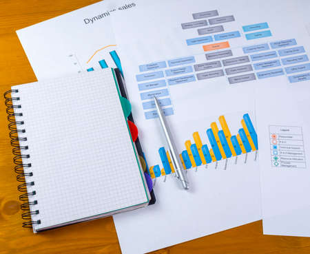 Laptop with eyes and diaries on graphic charts