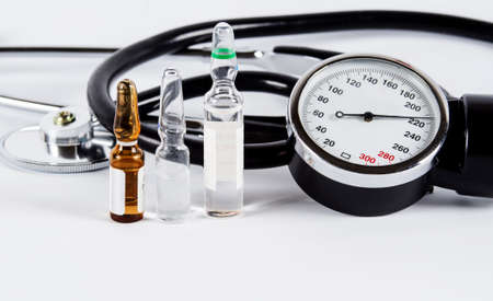 Blood pressure device, sphygmomanometer, over white background