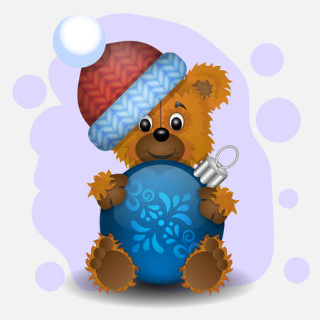 Greeting card Happy New Year bear with a ball in a knitted capのイラスト素材