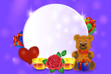 Valentines day greeting card round banner, bear candle, rose, gifts. Vector illustrationのイラスト素材