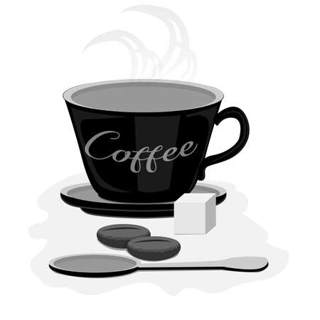 Coffee in a dark glass, spoon and sugar, black and white illustrationのイラスト素材