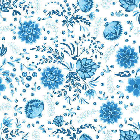 Seamless pattern with openwork floral ornament in blue, light blue and white in gzhel style. Vector...