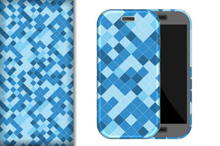 Seamless pattern with flowers in blue and light blue colors in gzhel style on a white background and Mobile Phone mockup, design concept for fabric and print paper, vector illustrationのイラスト素材