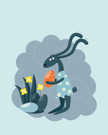 Easter funny bunny with egg and narcissus flowers. Vector illustration.のイラスト素材