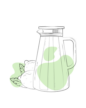 Ginger tea in a glass jar. Hand drawn vector illustration. Carafe, glass jug for serving water, juice, compote, milk, lemonade, cocktails and other drinks. Flat vector illustrationのイラスト素材