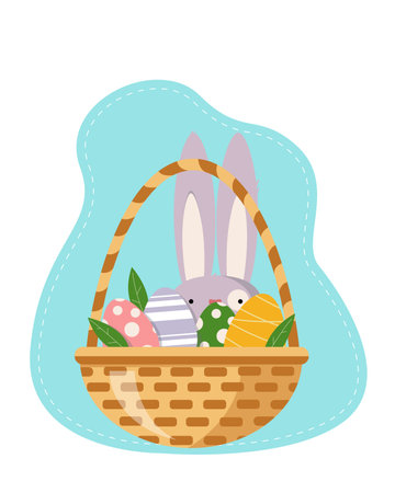 Easter funny bunny with long ears in a basket with eggs vector Illustration Isolated on a white backgroundのイラスト素材