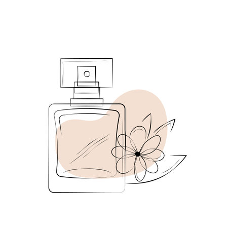 Perfume bottle with flower. Continuous line drawing. Women's refreshing flower spray perfume in beautiful bottle isolated on white background. Line artのイラスト素材