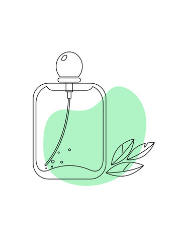 Perfume bottle icon. Continuous line drawing. A bottle of perfume or toilet water. Vector Sketch Perfume Bottle isolated on white background. Perfume of Green Tea. Lineartのイラスト素材