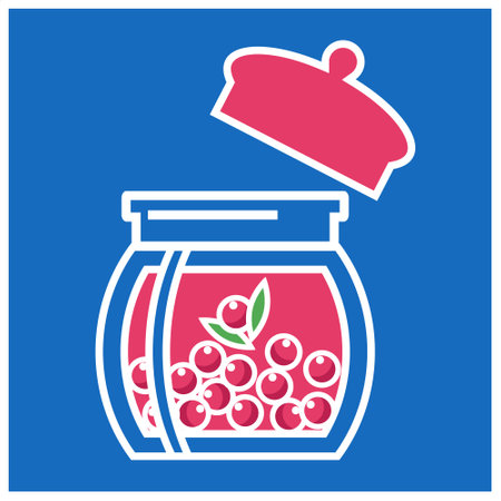 Cherry jam in a glass jar. Vector illustration on blue background. Bright, juicy berry in a glass container. Lingonberries, blueberries and homemade jamのイラスト素材