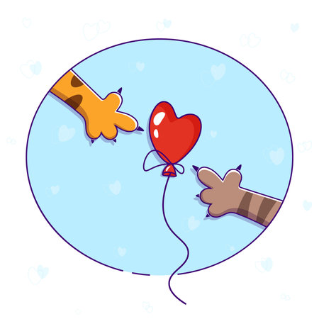 Valentine's day card with heart-shaped balloons. Vector illustration. Funny cartoon-style picture about love. Cat paws and a red heart. Love is pain.のイラスト素材