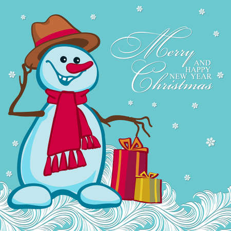 Christmas greeting card with funny snowman on winter background with frosty patterns. Vector illustration.のイラスト素材