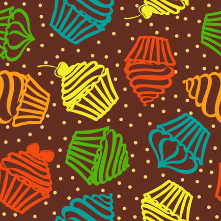 Seamless pattern with different types of cupcakes. Doodle texture with sweet desserts. Perfect background for cafe or restaurant menu. Template for design fabric, backgrounds, wrapping paperのイラスト素材