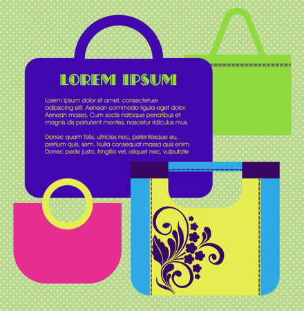 Banner with women's handbags. Ideal for presentations, advertising. Vector illustration in flat retro styleのイラスト素材