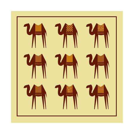 Set of stylized camels on a beige background. Good use for company, design presentations, print on textiles. Vector illustrationのイラスト素材
