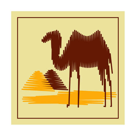 Manually drawn camel against a backdrop of the pyramids.のイラスト素材