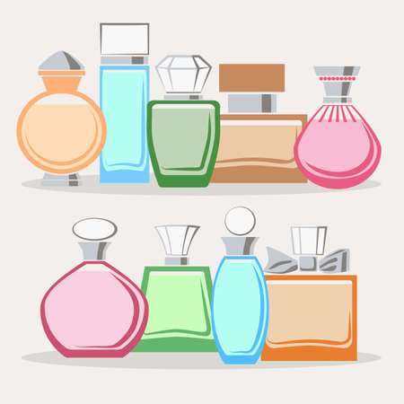 Set of colorful perfume bottles. Perfume for woman. Beauty glass bottlesのイラスト素材