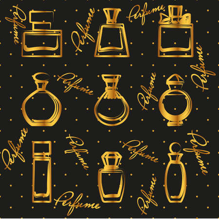 Set of different gold perfume bottles in vector format. Elegant illustration. Very easy to editのイラスト素材