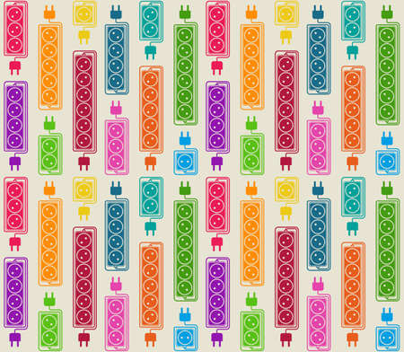 Seamless pattern of colored electrical extension cords. Electric power strip in modern flat style. Suitable for packaging design of electrical products, website design, advertising catalogs. Vectorのイラスト素材