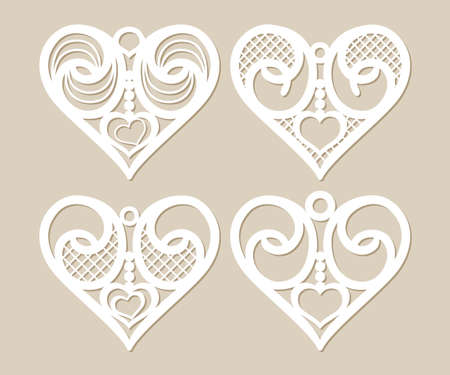 Set stencil lacy hearts with carved openwork pattern. Template for interior design, layouts wedding cards, invitations, etc. Image suitable for laser cutting, plotter cutting or printing. Vectorのイラスト素材
