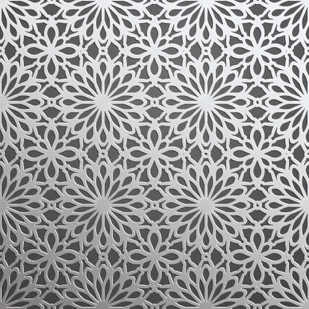 Silver on dark backdrop seamless geometric pattern. Tiled background with oriental motif 3D. Endless texture can be used for wallpaper, pattern fills, background of web page, surface texturesのイラスト素材