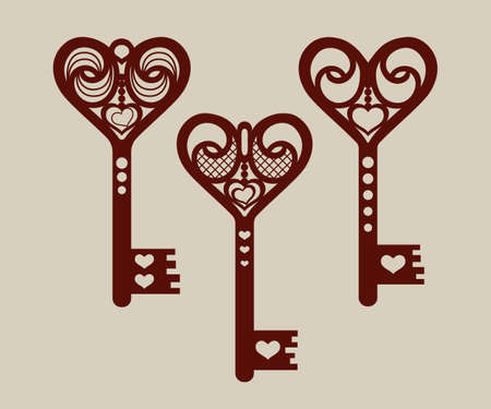 Collection of templates of decorative keys for laser cutting, paper cutting, stencil making. The image is suitable for interior design, props, wedding, Valentine's day, individual creativityのイラスト素材