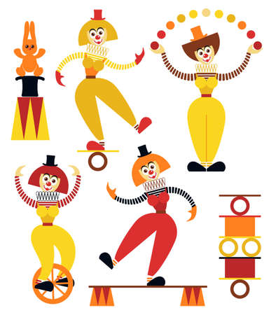 Funny women clowns in various poses. Amusing female teetering on the coil. The equilibrist balances on on a unicycle. Circus juggler balls. Flat style. Vector illustrationのイラスト素材