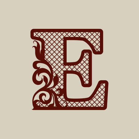 Initial letter E. Carved openwork pattern. Template can be used for interior design, greeting and wedding cards, invitations, etc. Picture suitable for laser or plotter cutting stencils or printingのイラスト素材