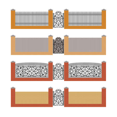 A set of fences made of red and yellow brick with a metal wrought iron gate isolated on white background. Vector illustrationのイラスト素材