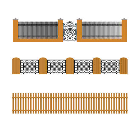 A set of brick and wooden fences, metal forged elements isolated on white background. Vector illustrationのイラスト素材