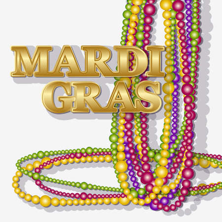 Mardi Gras background. Vector golden text fat tuesday on french language. Greeting cards with shining beads on white backdrop.のイラスト素材
