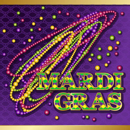 Mardi Gras background. Vector golden text fat tuesday on french language. Greeting cards with shining beads on traditional colors backdrop.のイラスト素材