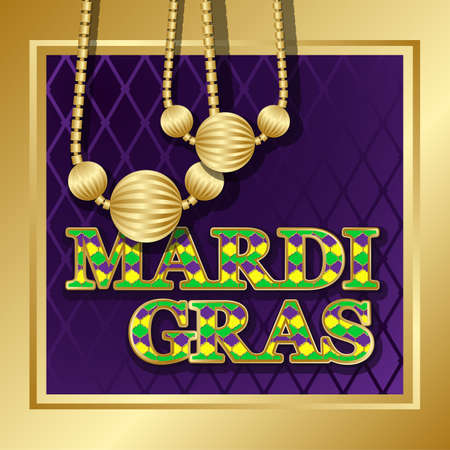 Mardi Gras background. Vector golden text fat tuesday on french language. Greeting cards with shining beads on traditional colors backdrop.のイラスト素材