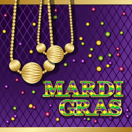 Mardi Gras background. Vector golden text fat tuesday on french language. Greeting cards with shining beads on traditional colors backdrop.のイラスト素材