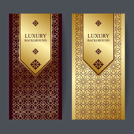 Two design template for premium gift certificate, card, voucher, banners, labels, goods packaging luxury in a trendy linear style. Bright background with gold foil on brown background.のイラスト素材