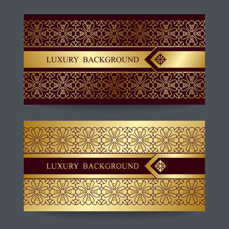 Two design template for premium gift certificate, card, voucher, banners, labels, goods packaging luxury in a trendy linear style. Bright background with gold foil on brown background.のイラスト素材