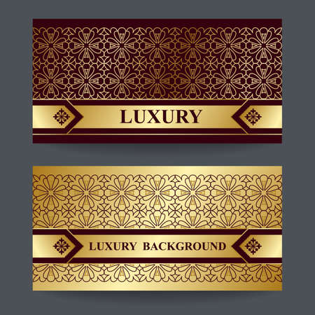 Two design template for premium gift certificate, card, voucher, banners, labels, goods packaging luxury in a trendy linear style. Bright background with gold foil on brown backdropのイラスト素材