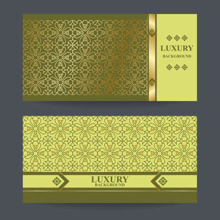 Two design template for premium gift certificate, card, voucher, banners, labels, goods packaging luxury or organic products in a trendy linear style. Gold foil on green backgroundのイラスト素材