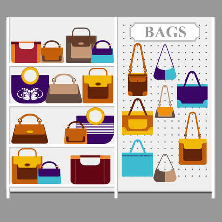 Colorful women handbags of various shapes, placed on the trading shelf shop. Fashionable flat style. Vector illustrationのイラスト素材
