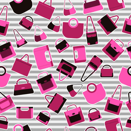 Seamless pattern pink bags on striped grey background. Use as fabrics, wallpaper, background, wrapping paper. Vector illustrationのイラスト素材